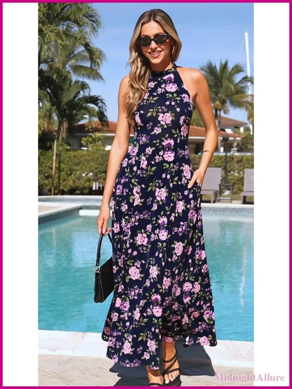 Sleeveless Halter Maxi Sundress with Pockets Flowy A-Line